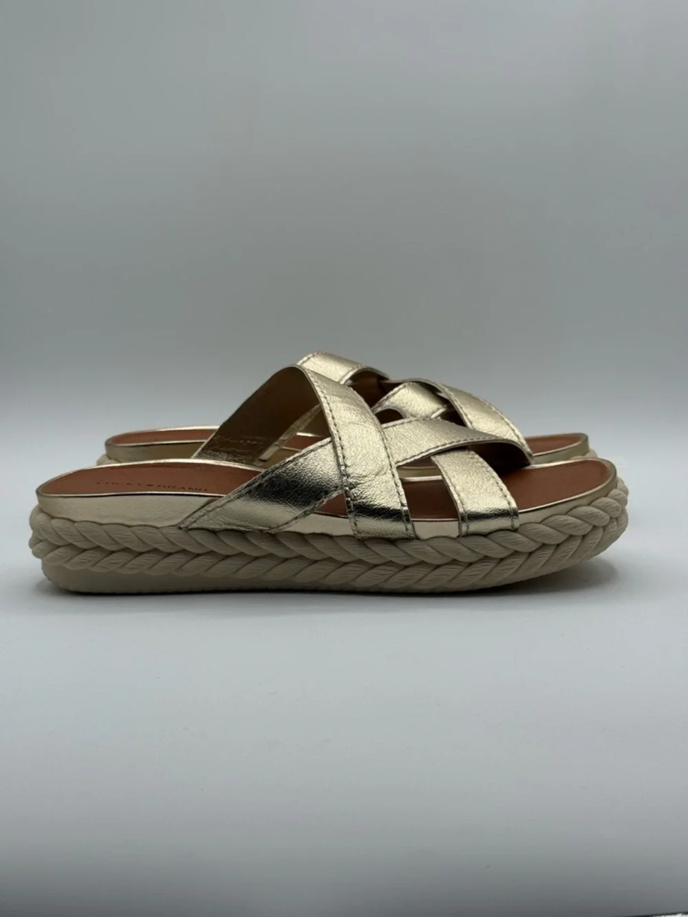 Lucky Brand Lofftee Gold Espadrille Slide Metallic Crisscross Sandals Size 10